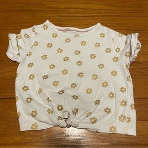 Boden Girls 5-6 White Tee with Gold Floral Print and Front Knot